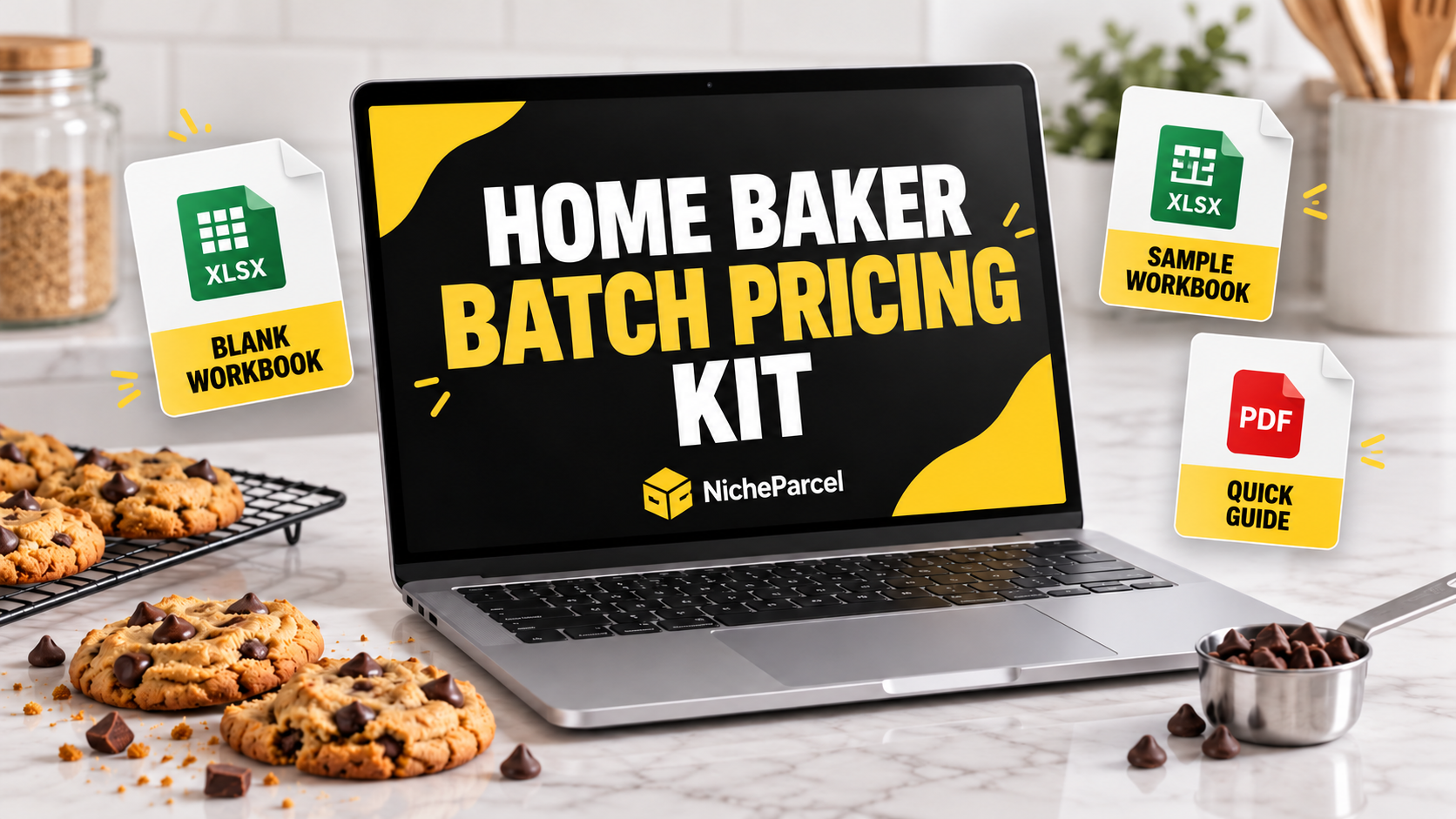 Illustrative NicheParcel digital-kit mockup with a laptop, workbook file cards, quick guide and cookies on a bakery counter.