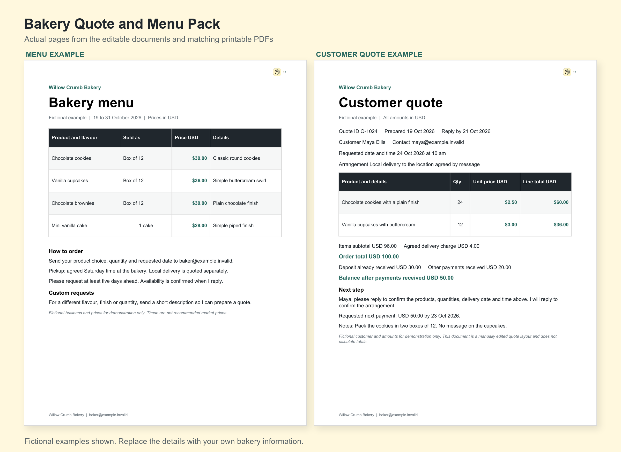 Actual Bakery Quote and Menu Pack document preview, showing a menu and quote with fictional example details.